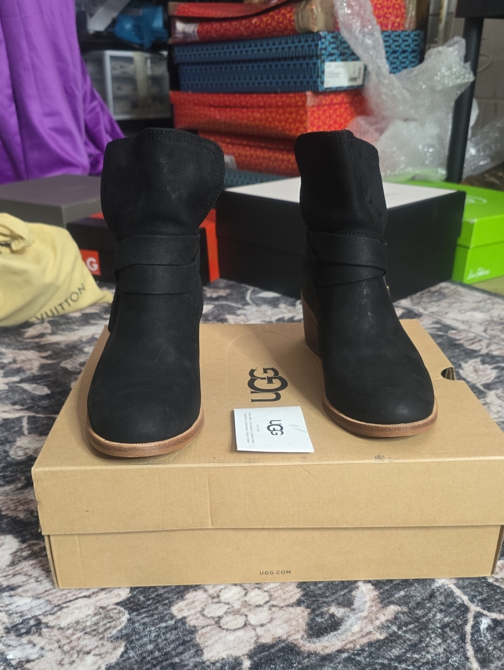 UGG Black Suede Ankle Booties with Brown Trim